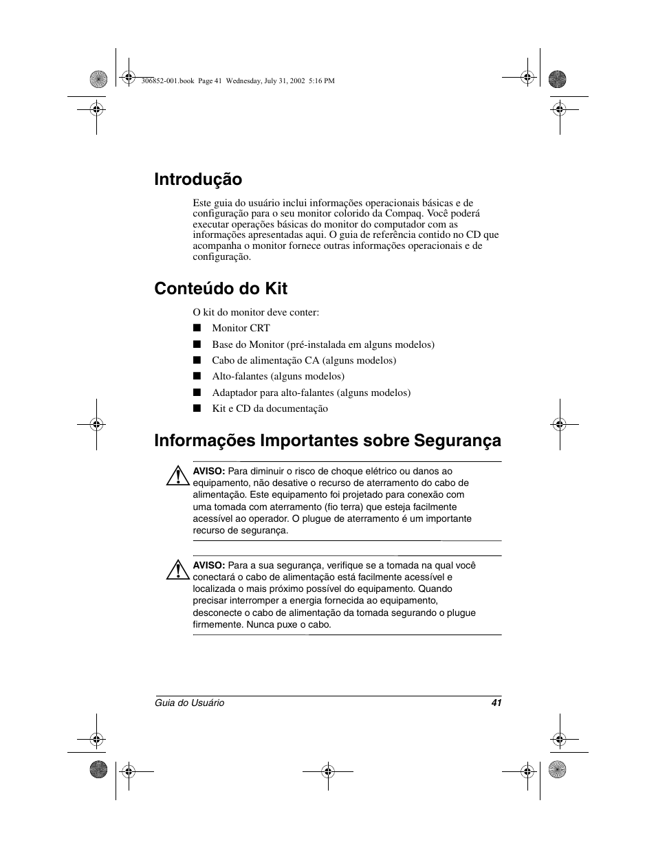 Introdução, Conteúdo do kit, Informações importantes sobre segurança | Compaq 7500 User Manual | Page 43 / 54