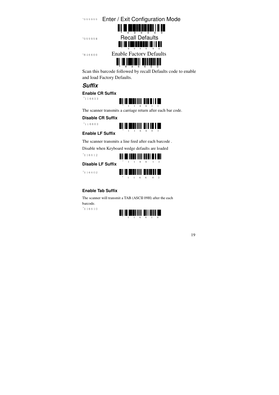 Enable factory defaults, Suffix, Enter / exit configuration mode recall defaults | Posiflex MS-5145 User Manual | Page 19 / 24