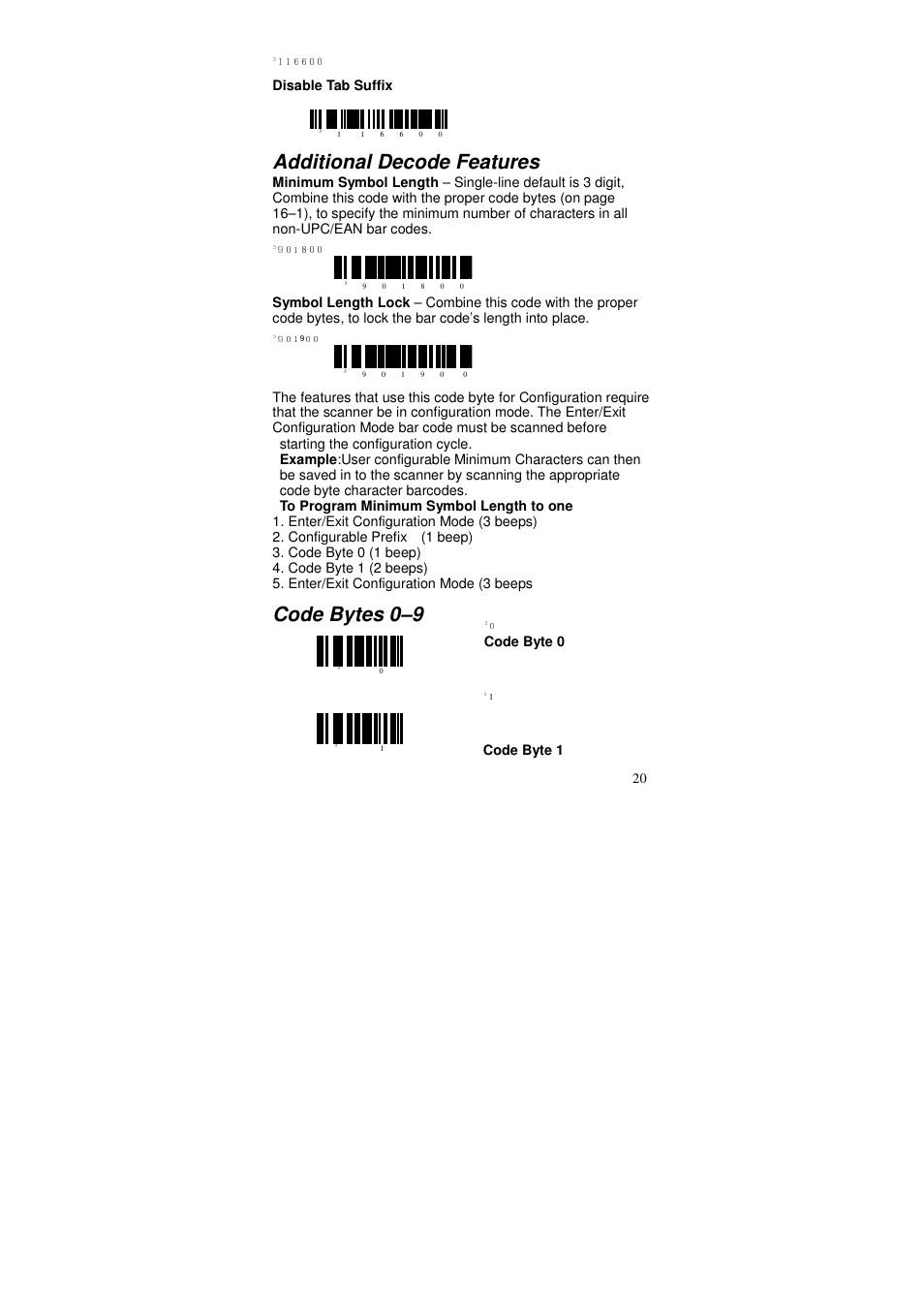 Additional decode features, Code bytes 0–9 | Posiflex MS-5145 User Manual | Page 20 / 24