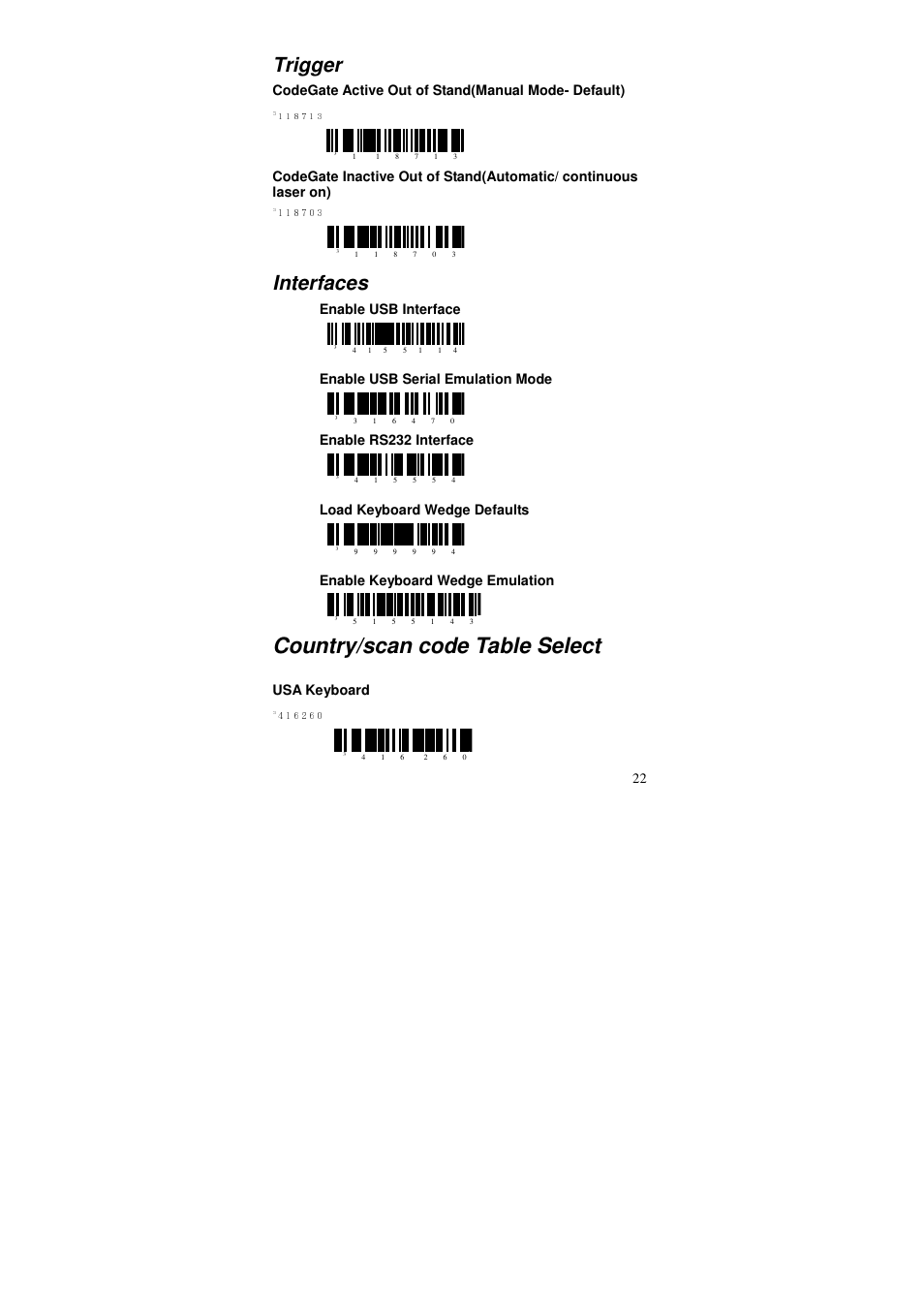 Country/scan code table select, Trigger, Interfaces | Posiflex MS-5145 User Manual | Page 22 / 24