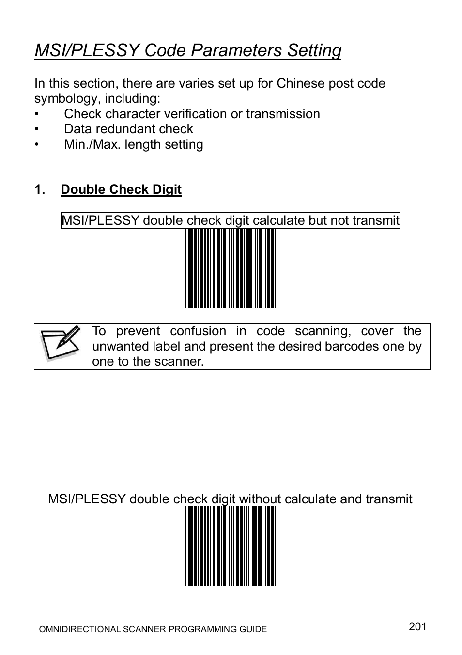 Msi/plessy code parameters setting | Posiflex LS-1000 User Manual | Page 209 / 303