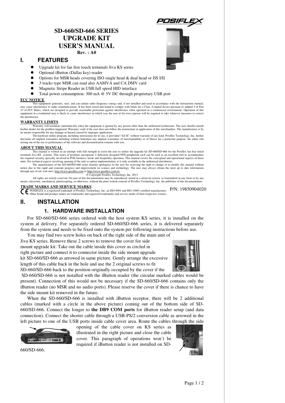 Posiflex SD-666W User Manual | 2 pages