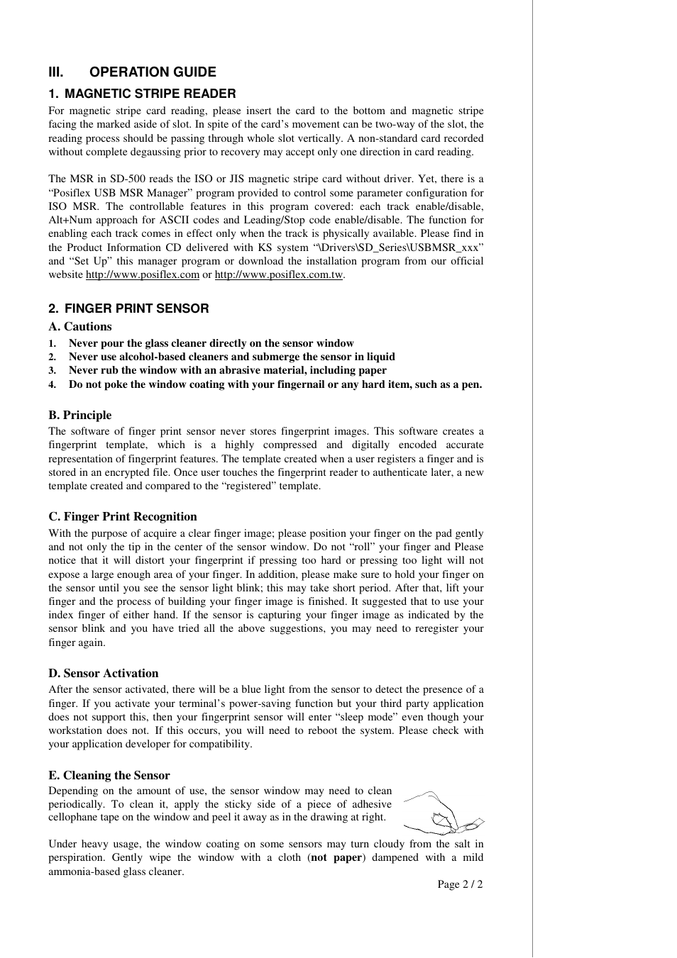 Iii. operation guide | Posiflex SD-500 User Manual | Page 2 / 2
