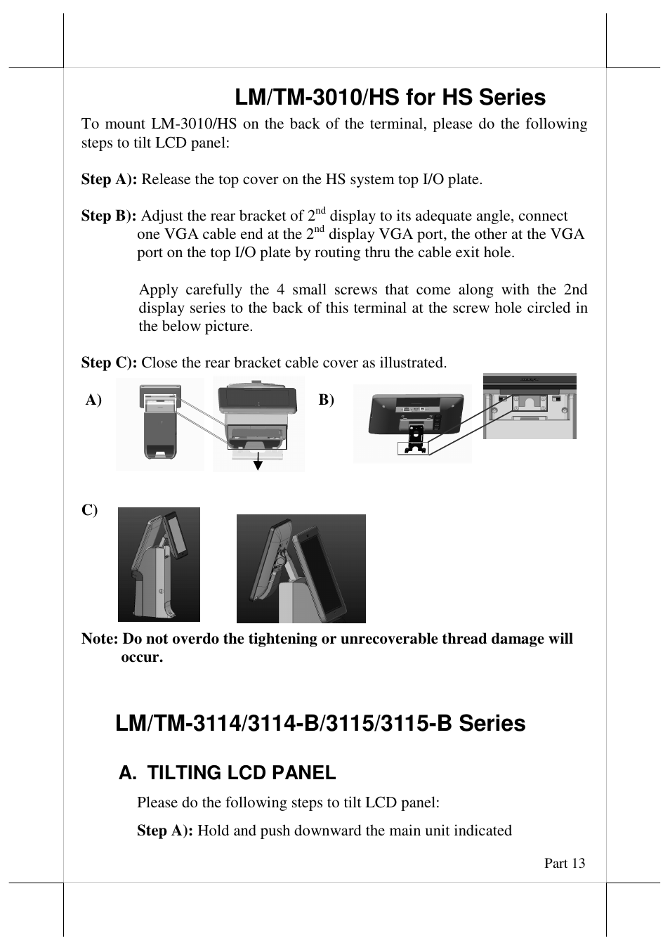 Lm/tm-3010/hs for hs series, A. tilting lcd panel | Posiflex LM-3010F User Manual | Page 13 / 20