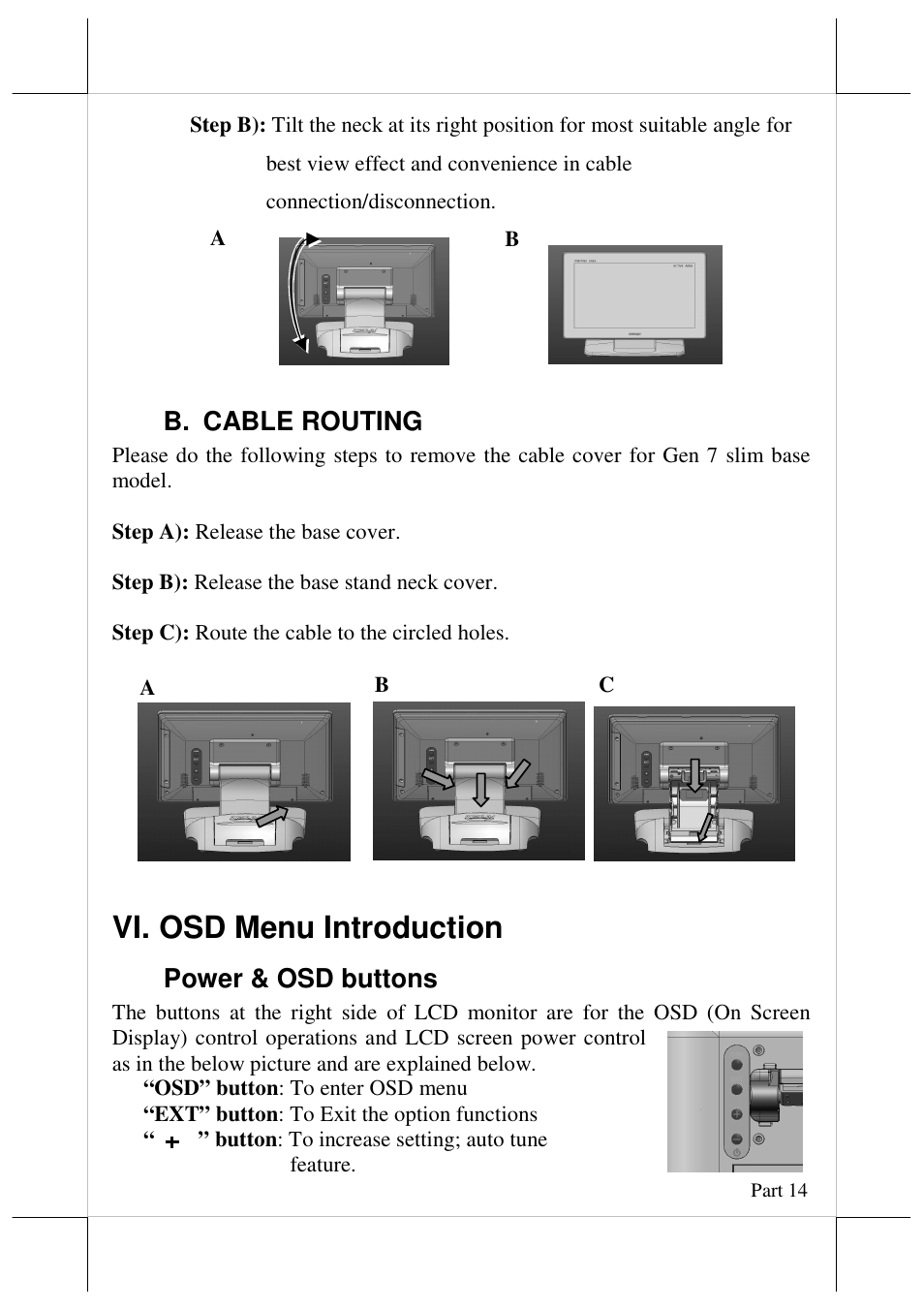 Vi. osd menu introduction, B. cable routing, Power & osd buttons | Posiflex LM-3010F User Manual | Page 14 / 20