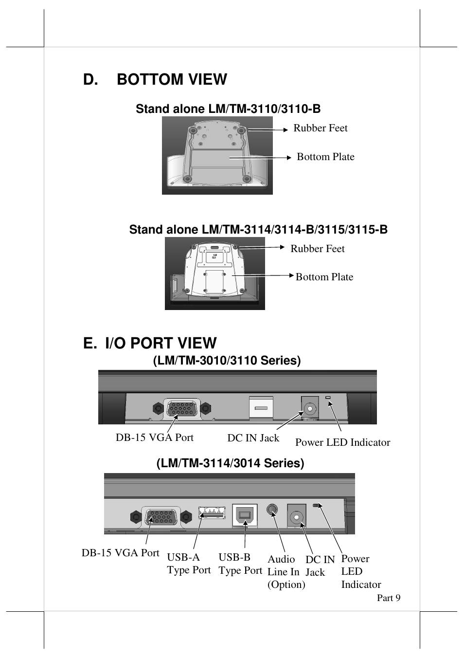 D. bottom view, I/o port view | Posiflex LM-3010F User Manual | Page 9 / 20