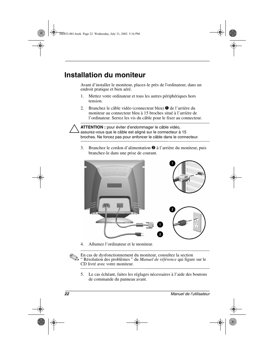 Installation du moniteur | Compaq 5700 User Manual | Page 24 / 54