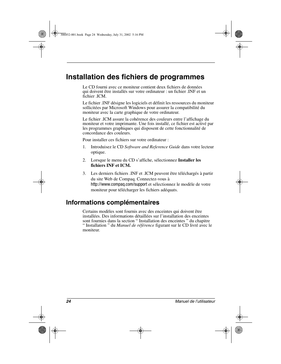 Installation des fichiers de programmes, Informations complémentaires | Compaq 5700 User Manual | Page 26 / 54