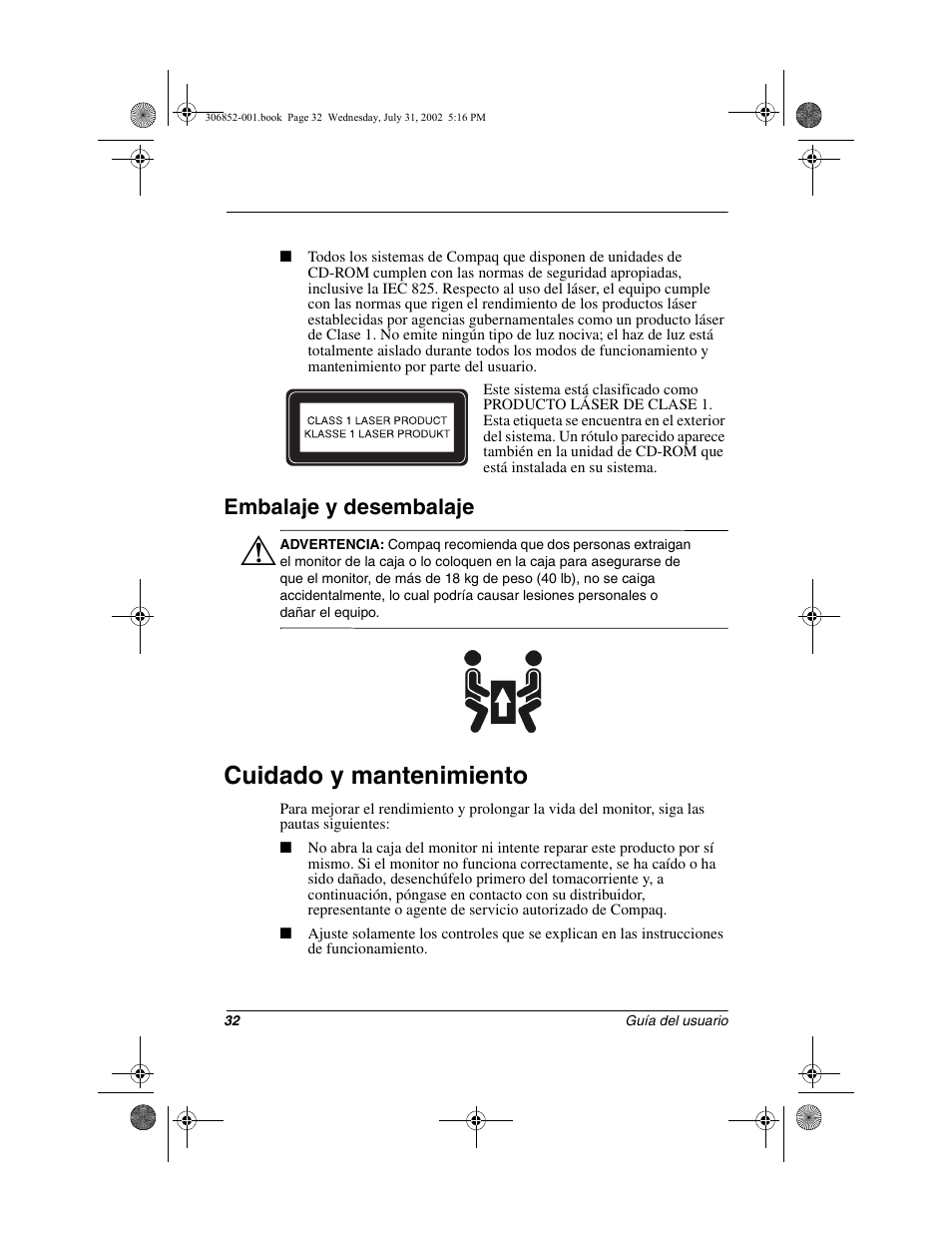 Cuidado y mantenimiento, Embalaje y desembalaje | Compaq 5700 User Manual | Page 34 / 54