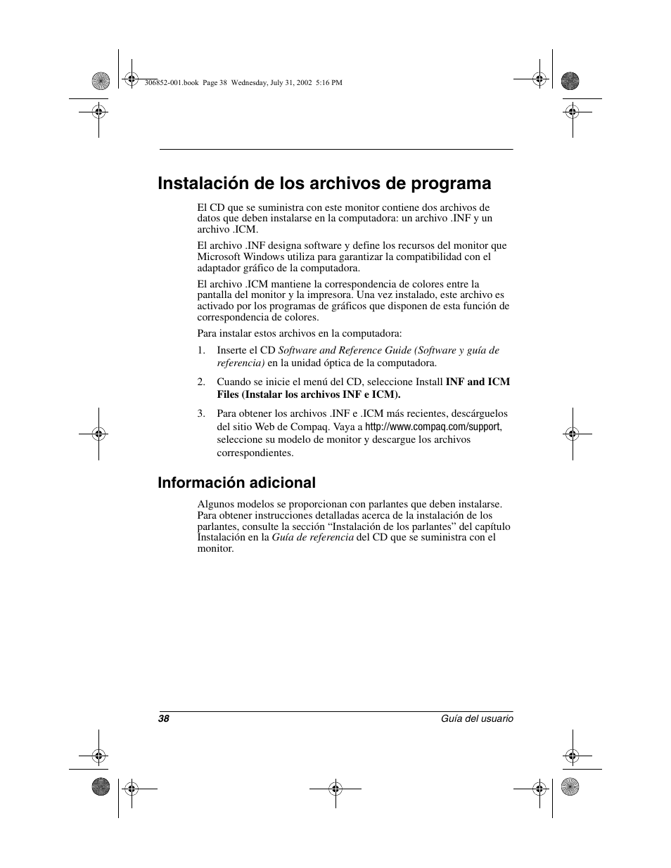 Instalación de los archivos de programa, Información adicional | Compaq 5700 User Manual | Page 40 / 54