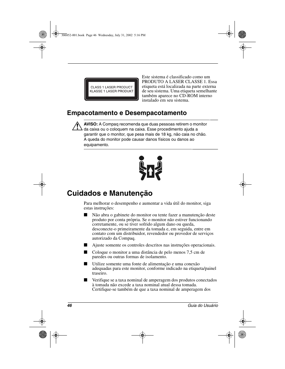 Cuidados e manutenção, Empacotamento e desempacotamento | Compaq 5700 User Manual | Page 48 / 54