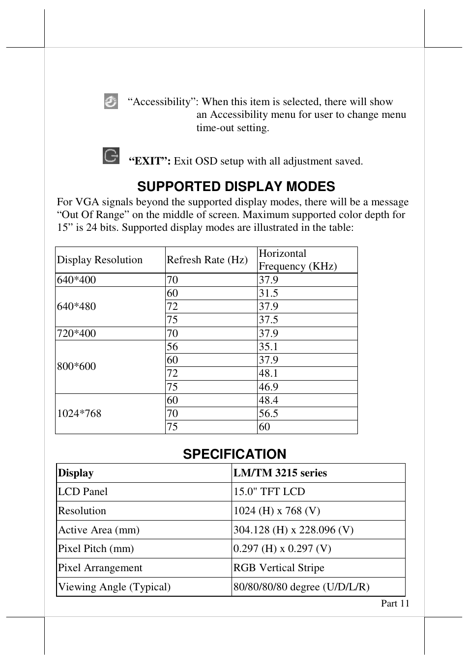 Supported display modes, Specification | Posiflex LM-3315 User Manual | Page 11 / 13