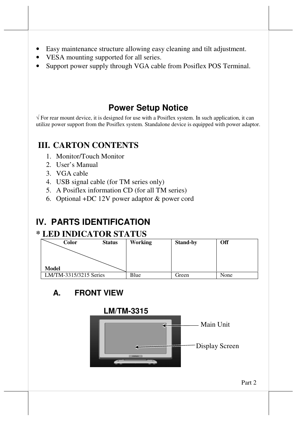 Power setup notice, Iii. carton contents, Iv. parts identification * led indicator status | Posiflex LM-3315 User Manual | Page 2 / 13