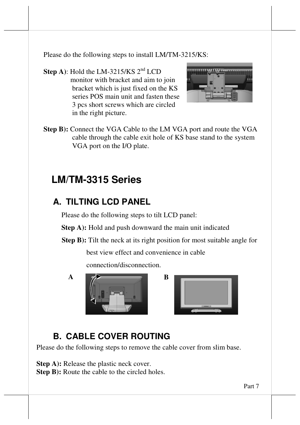 Lm/tm-3315 series, A. tilting lcd panel, B. cable cover routing | Posiflex LM-3315 User Manual | Page 7 / 13