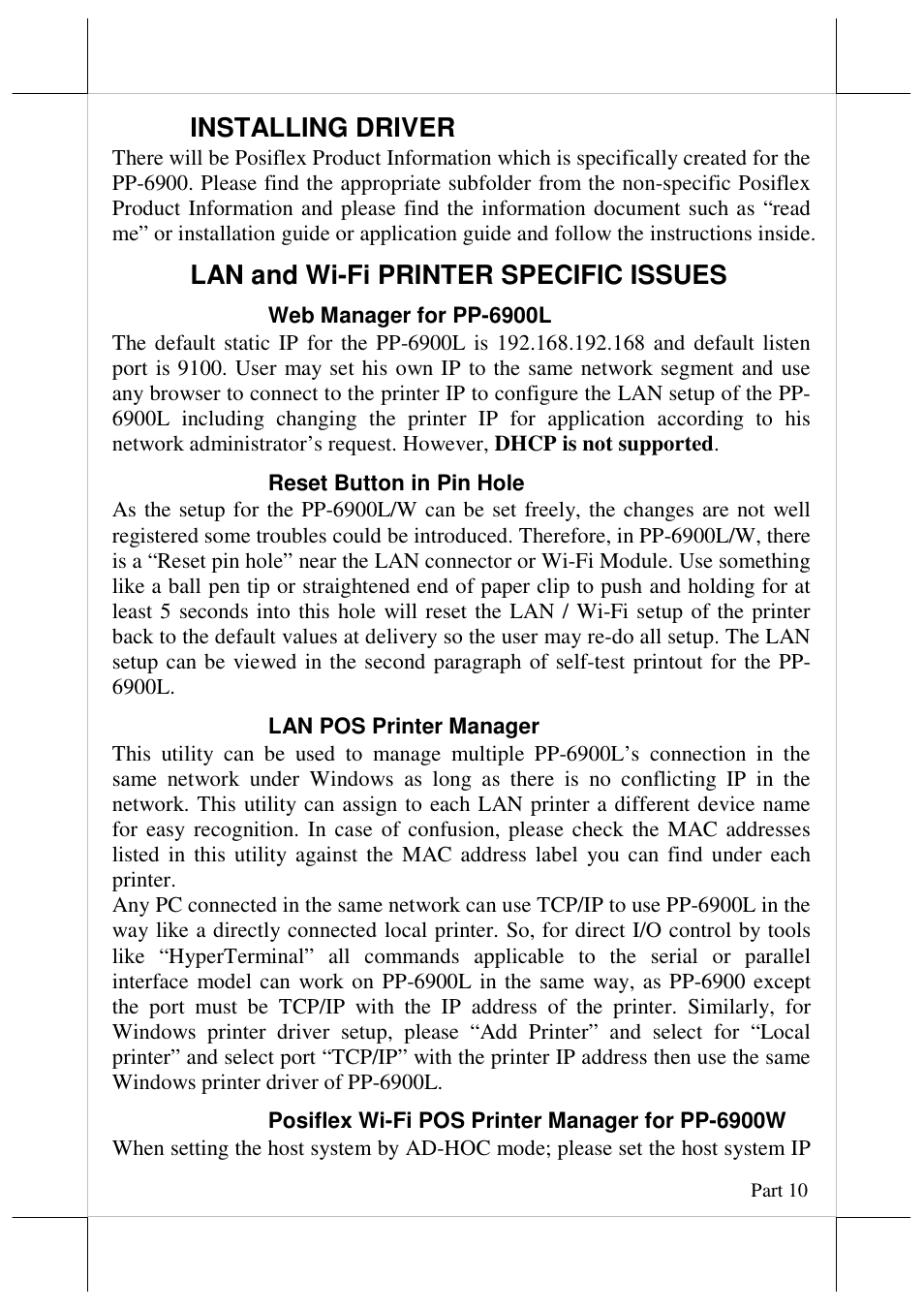 Installing driver, Lan and wi-fi printer specific issues | Posiflex AURA-6900 User Manual | Page 10 / 20