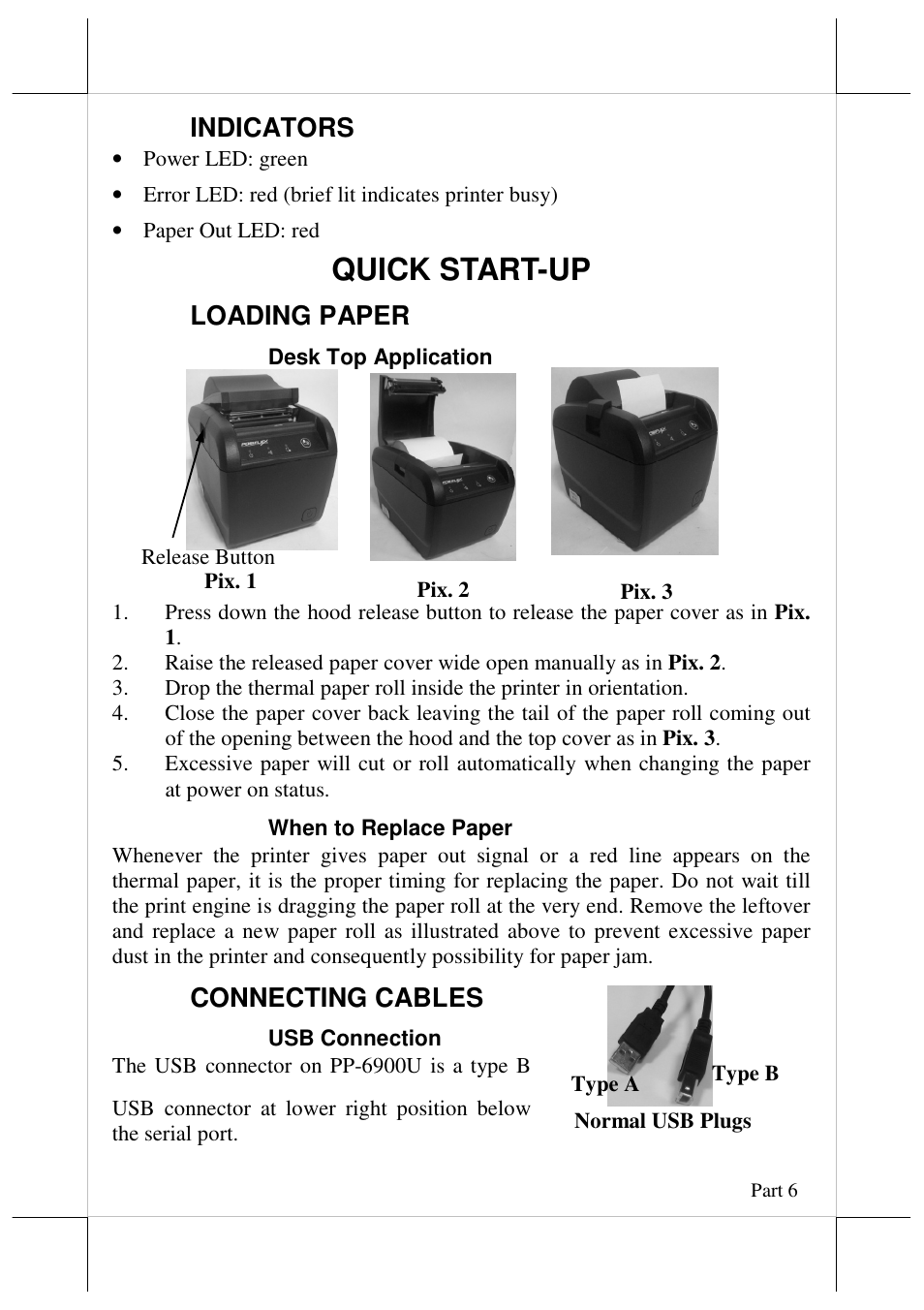 Quick start-up, Indicators, Loading paper | Connecting cables | Posiflex AURA-6900 User Manual | Page 6 / 20