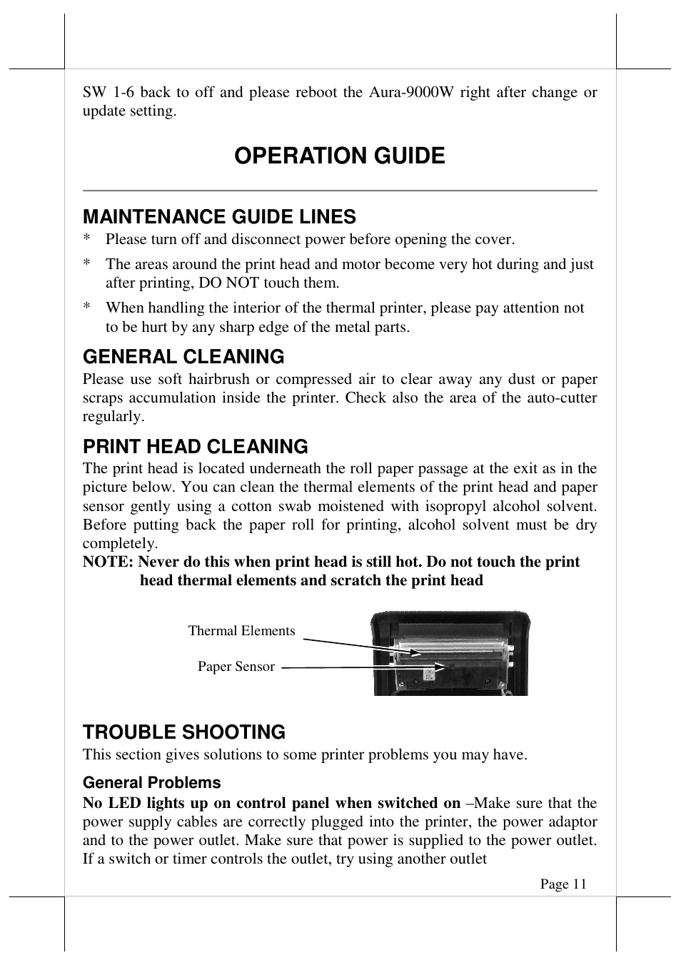Operation guide, Maintenance guide lines, General cleaning | Print head cleaning, Trouble shooting | Posiflex AURA-9000 User Manual | Page 11 / 20