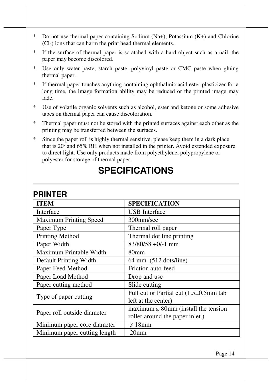 Specifications, Printer | Posiflex AURA-9000 User Manual | Page 14 / 20