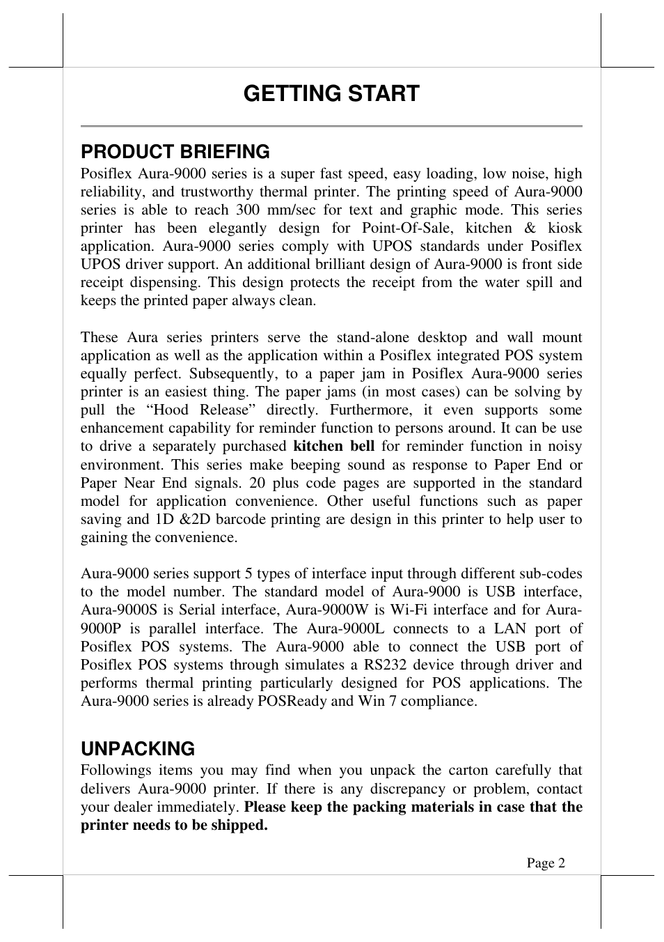 Getting start | Posiflex AURA-9000 User Manual | Page 2 / 20
