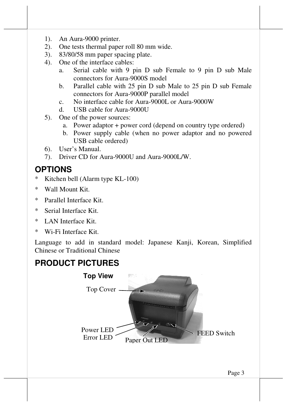 Options, Product pictures | Posiflex AURA-9000 User Manual | Page 3 / 20