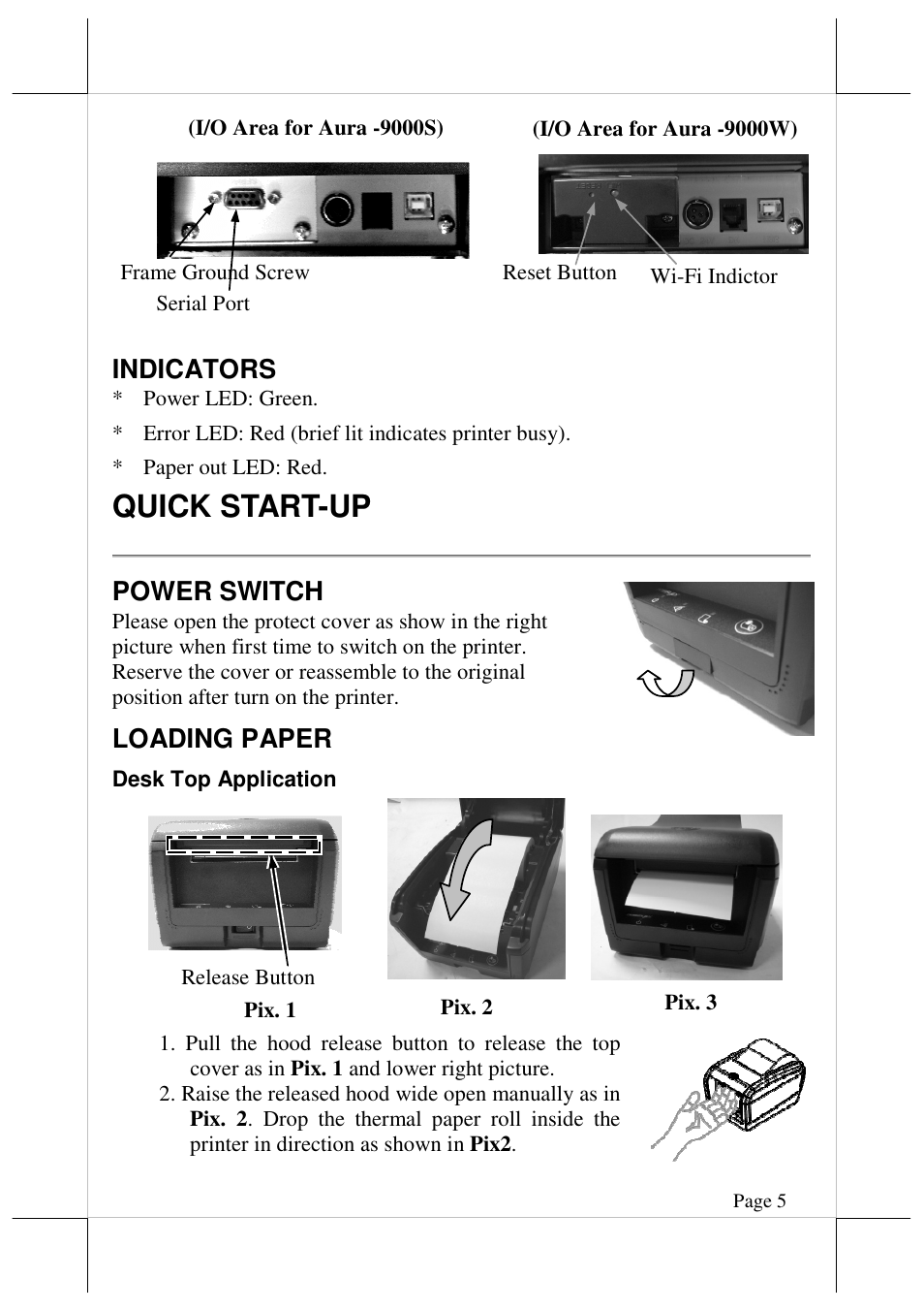 Quick start-up, Indicators, Power switch | Loading paper | Posiflex AURA-9000 User Manual | Page 5 / 20