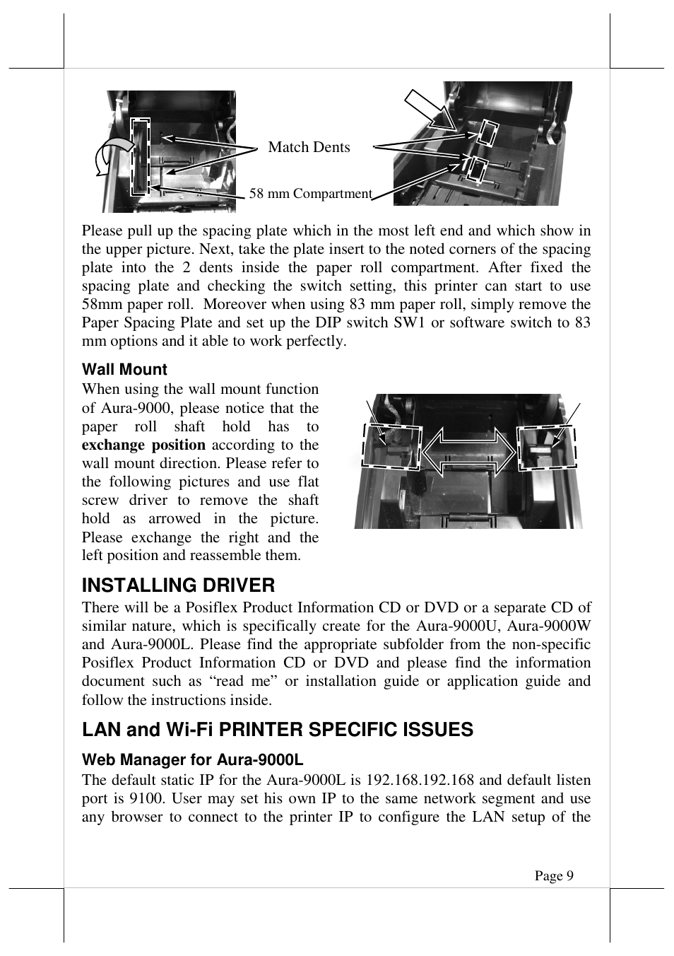 Installing driver, Lan and wi-fi printer specific issues | Posiflex AURA-9000 User Manual | Page 9 / 20
