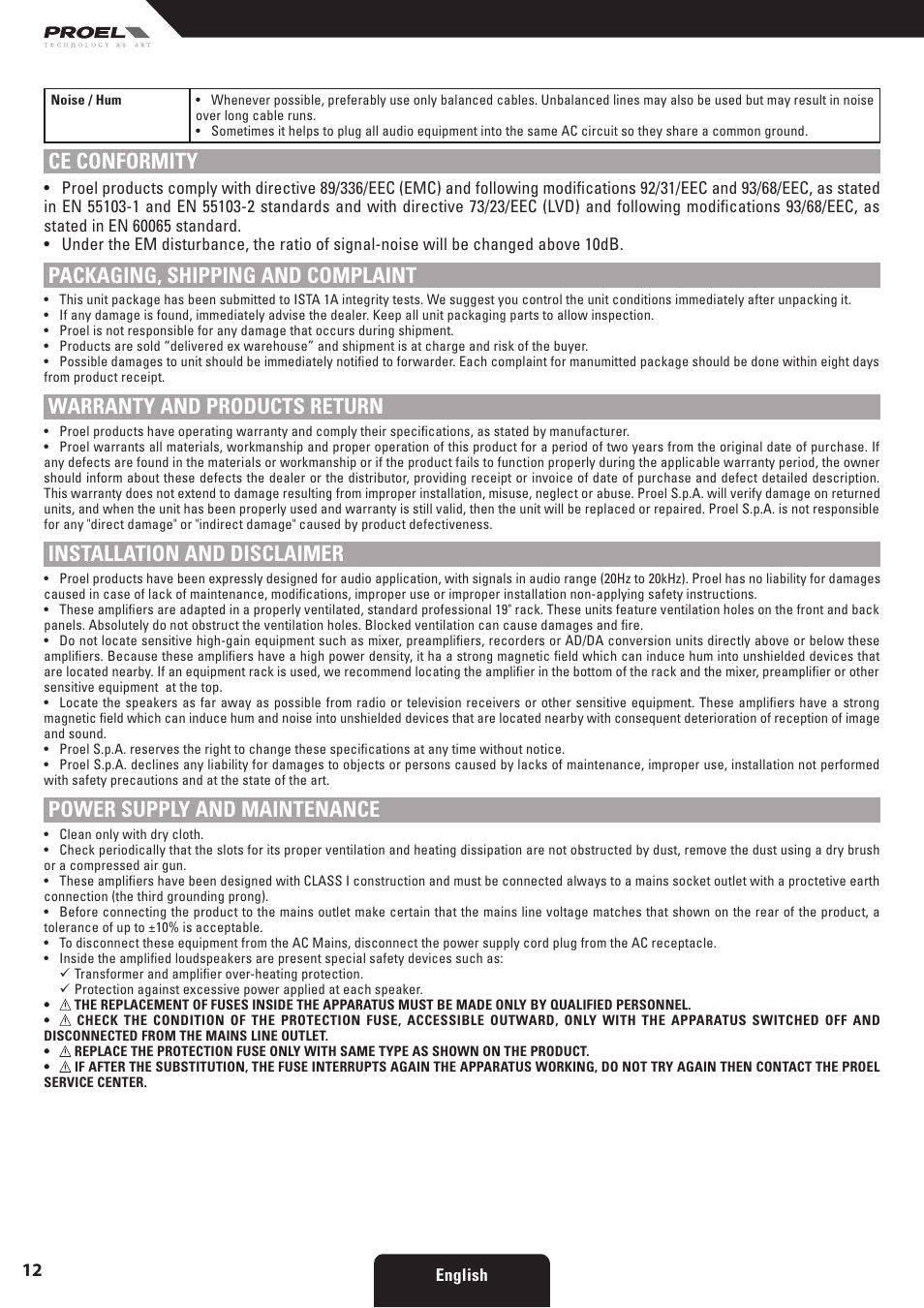 Ce conformity, Packaging, shipping and complaint, Warranty and products return | Installation and disclaimer, Power supply and maintenance | Proel HPX series User Manual | Page 12 / 47