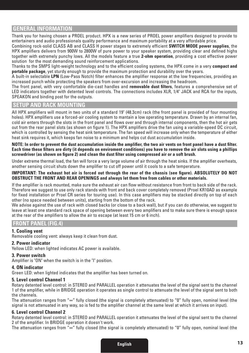 General information, Setup and rack mounting, Front panel (fig.4) | Proel HPX series User Manual | Page 13 / 47