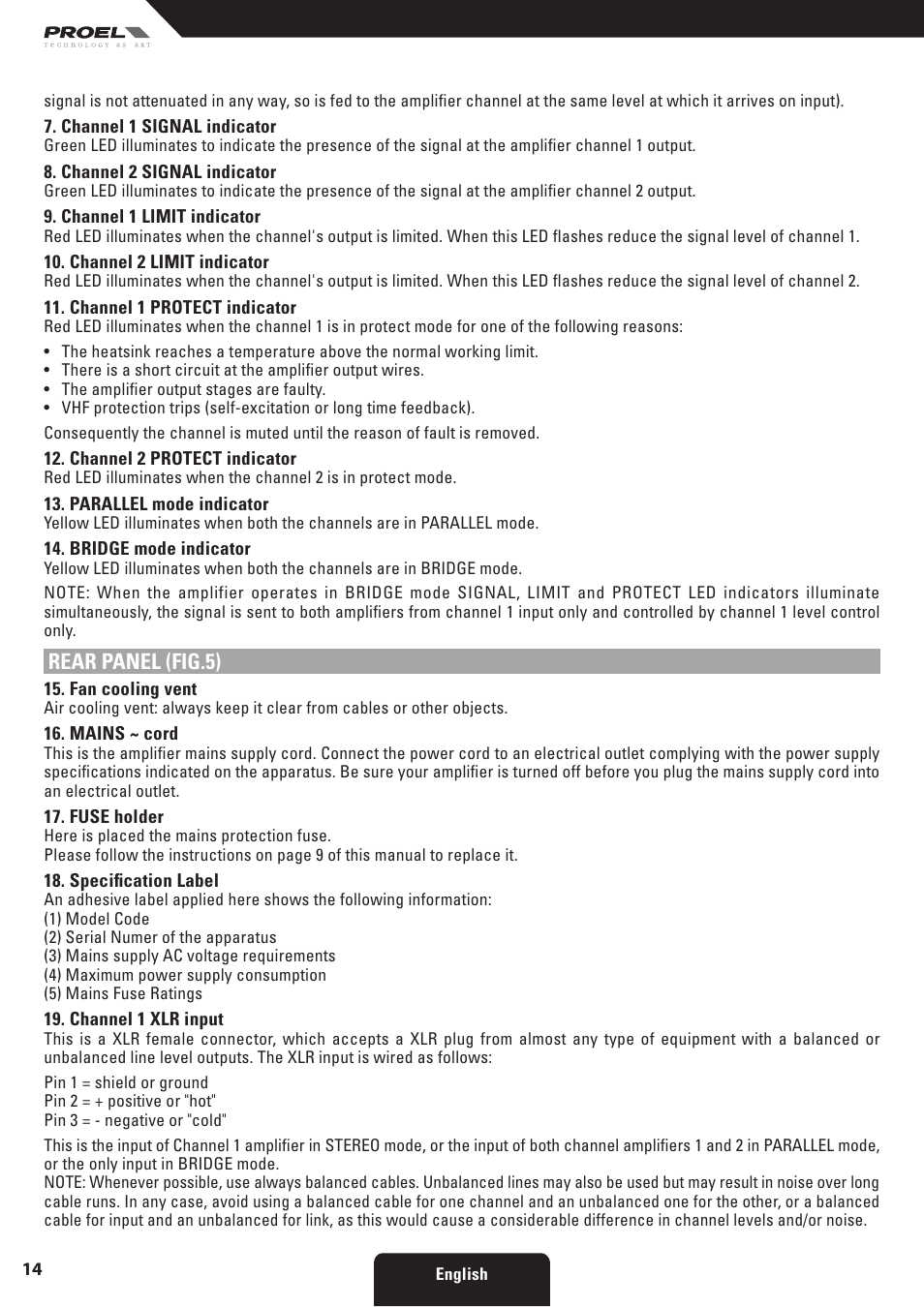 Rear panel (fig.5) | Proel HPX series User Manual | Page 14 / 47