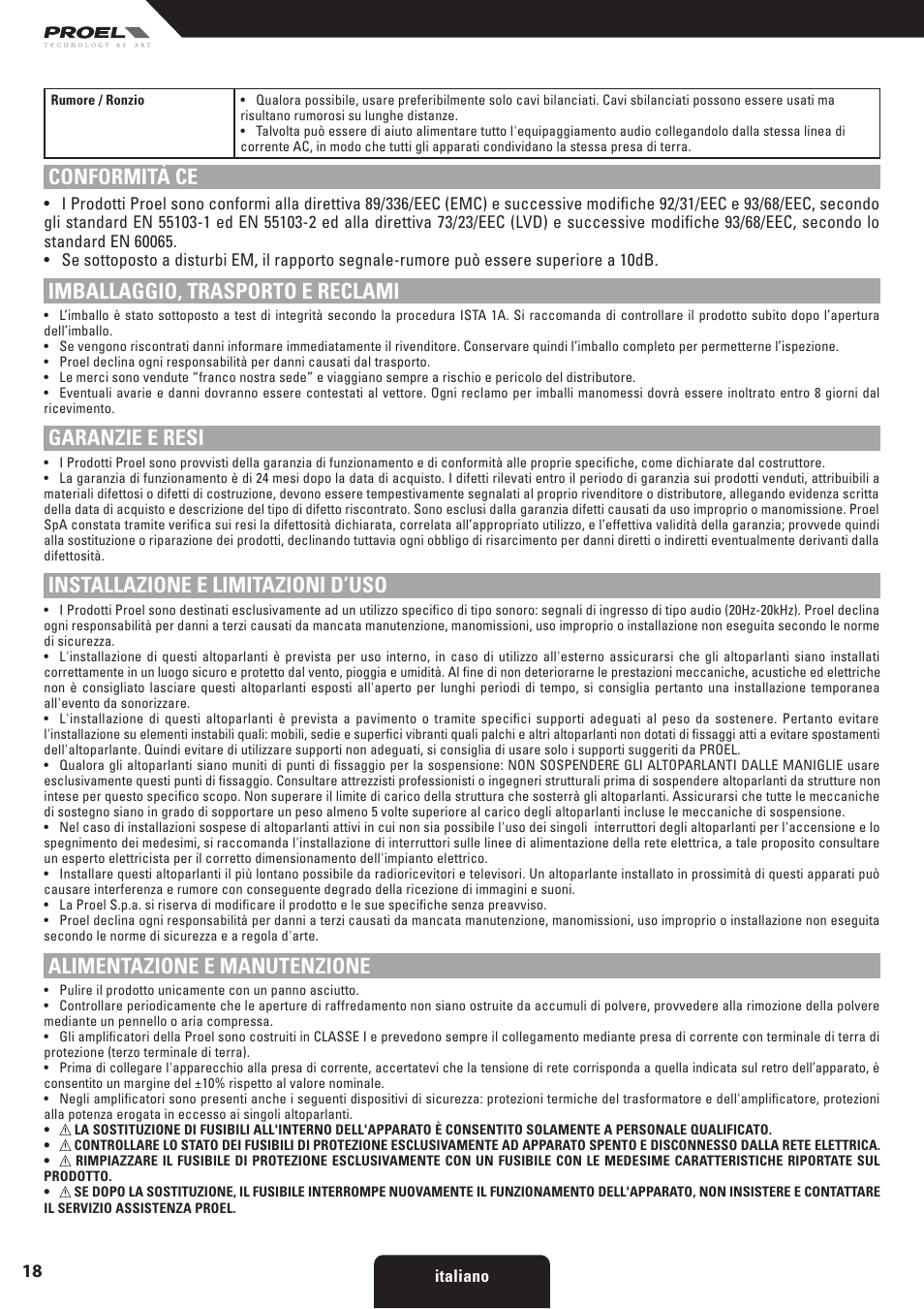 Conformità ce, Imballaggio, trasporto e reclami, Garanzie e resi | Installazione e limitazioni d’uso, Alimentazione e manutenzione | Proel HPX series User Manual | Page 18 / 47