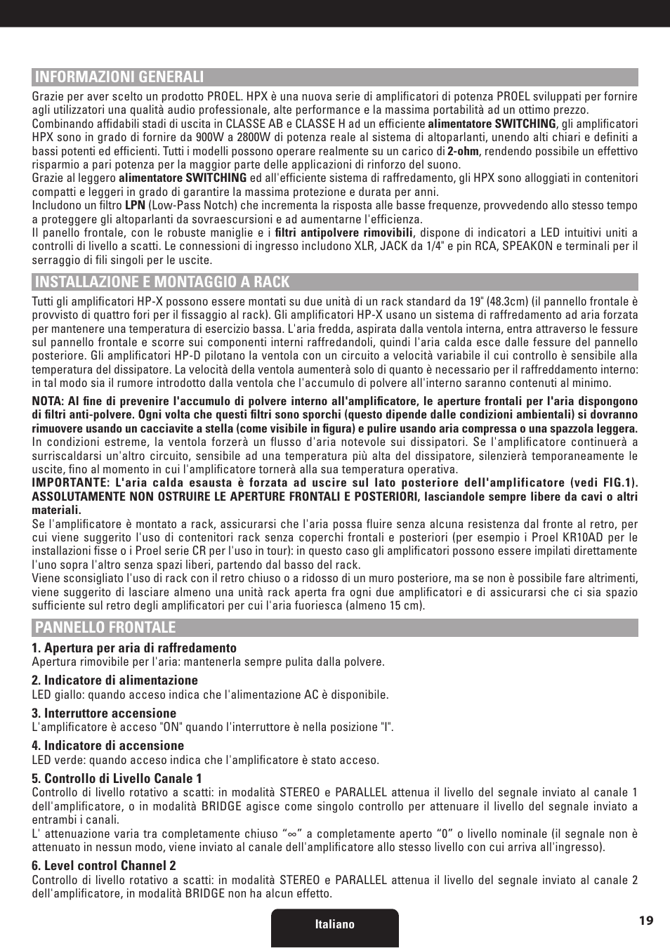 Informazioni generali, Installazione e montaggio a rack, Pannello frontale | Proel HPX series User Manual | Page 19 / 47