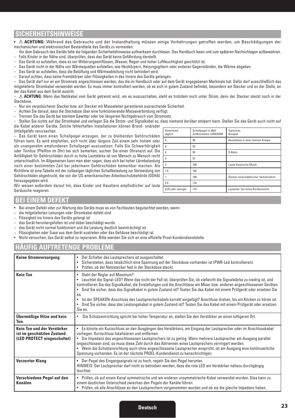 Sicherheitshinweise, Bei einem defekt, Häufig auftretende probleme | Deutsch | Proel HPX series User Manual | Page 23 / 47