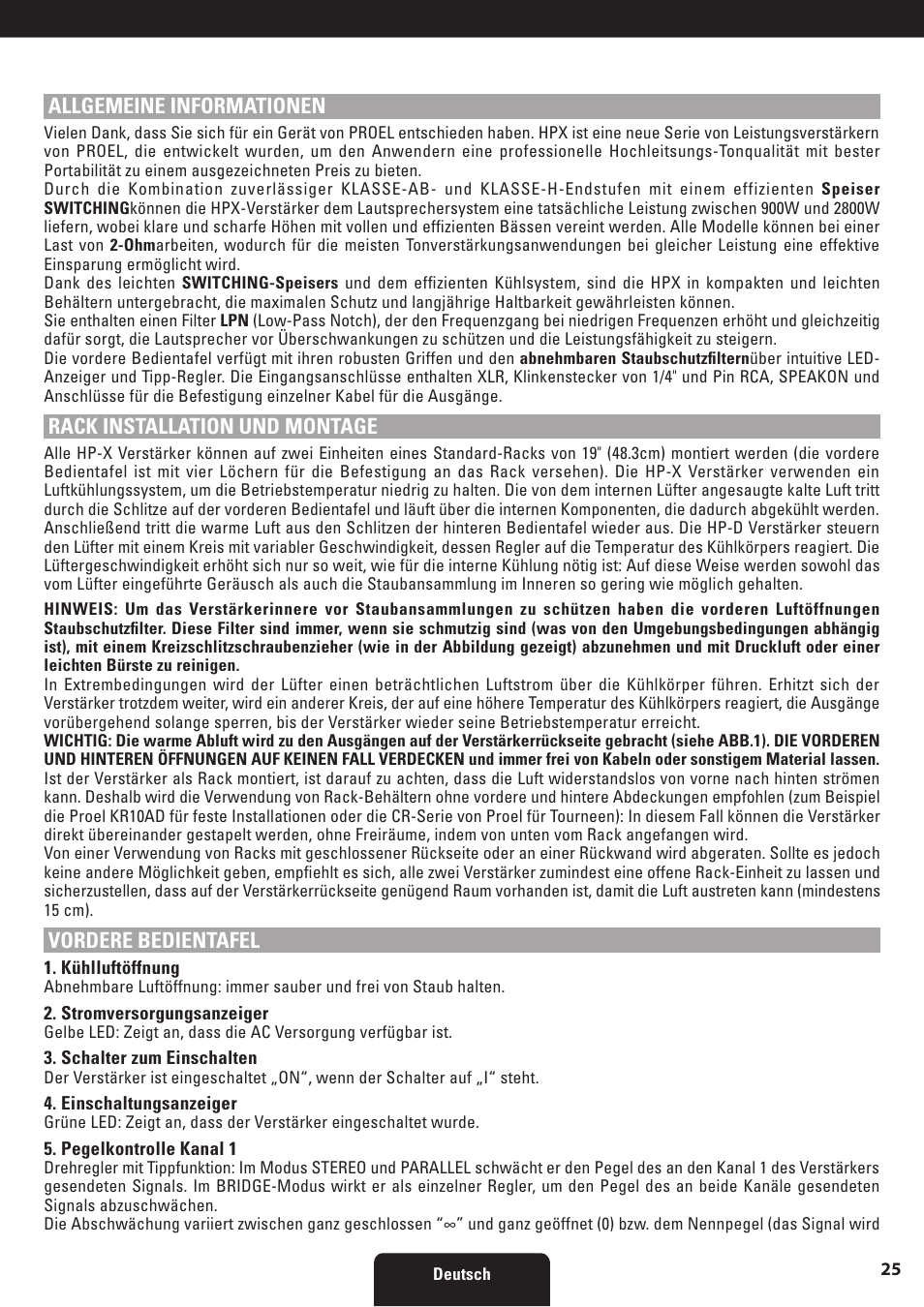 Allgemeine informationen, Rack installation und montage, Vordere bedientafel | Proel HPX series User Manual | Page 25 / 47