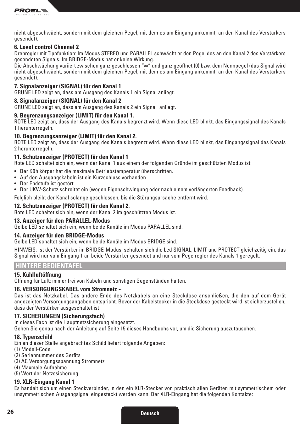 Hintere bedientafel | Proel HPX series User Manual | Page 26 / 47