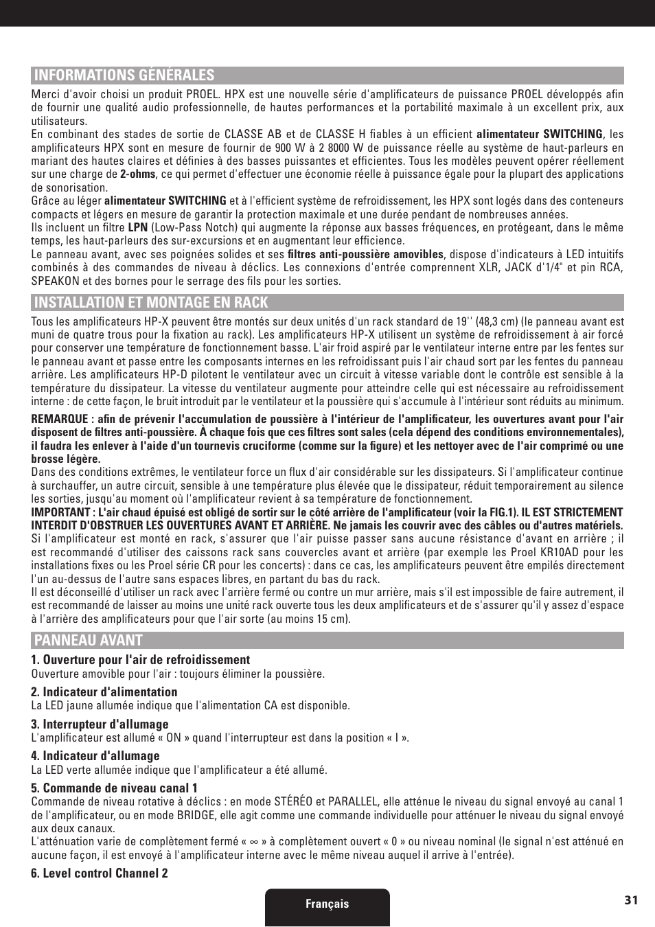 Informations générales, Installation et montage en rack, Panneau avant | Proel HPX series User Manual | Page 31 / 47