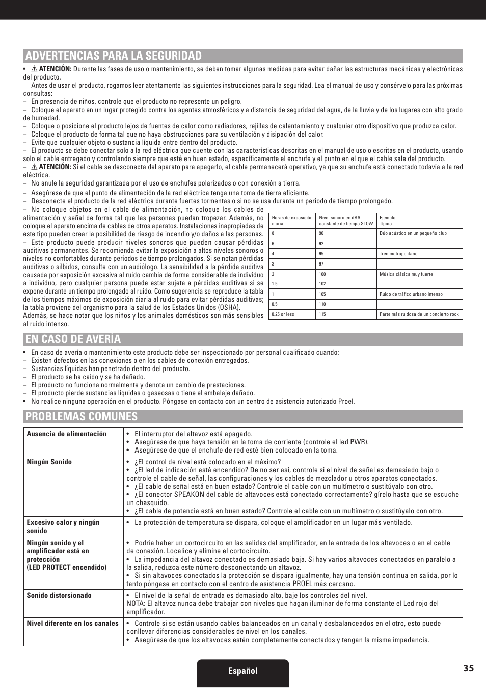 Advertencias para la seguridad, En caso de avería, Problemas comunes | Español | Proel HPX series User Manual | Page 35 / 47