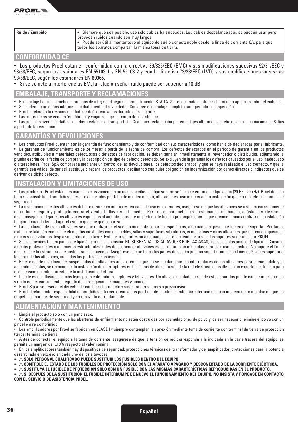 Conformidad ce, Embalaje, transporte y reclamaciones, Garantías y devoluciones | Instalación y limitaciones de uso, Alimentación y mantenimiento | Proel HPX series User Manual | Page 36 / 47