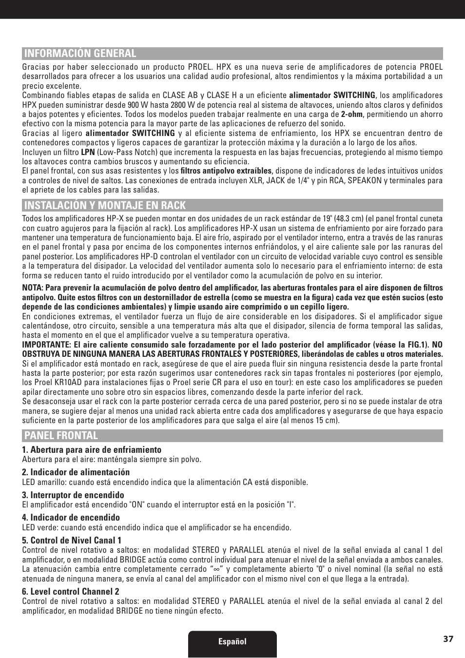 Información general, Instalación y montaje en rack, Panel frontal | Proel HPX series User Manual | Page 37 / 47