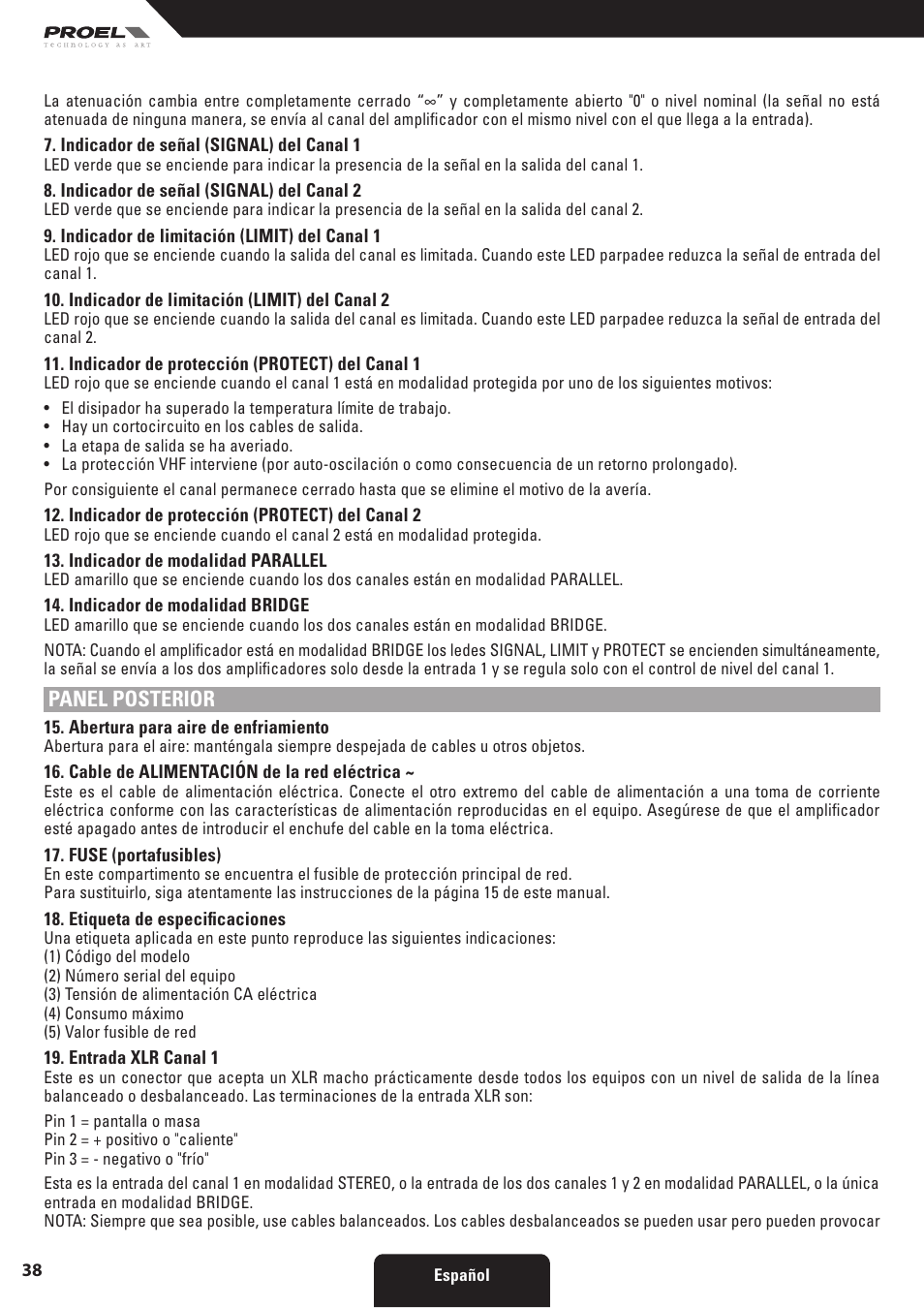 Panel posterior | Proel HPX series User Manual | Page 38 / 47