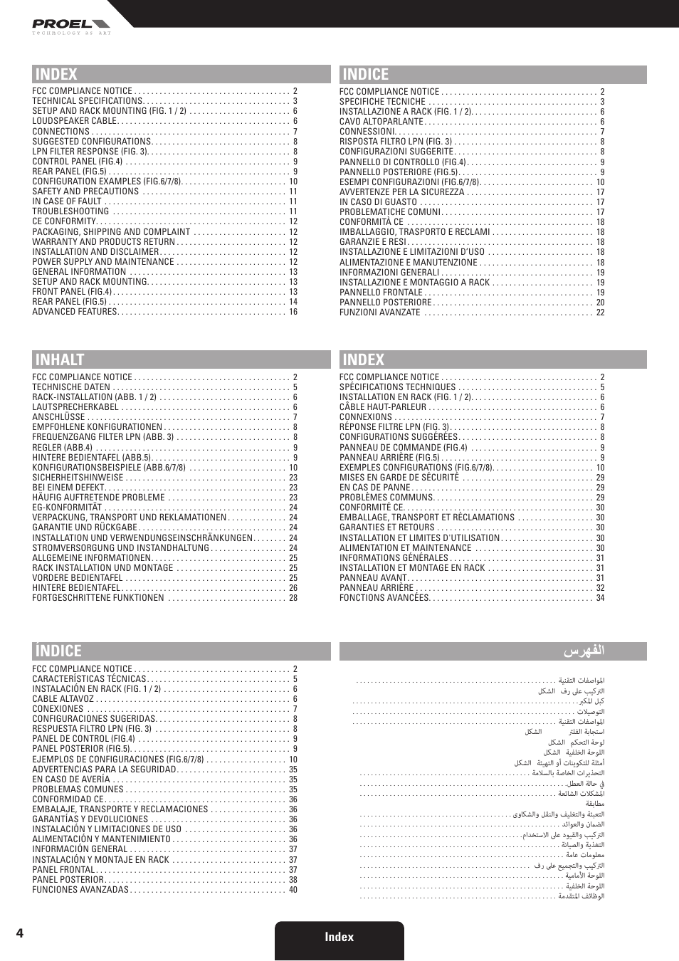 Indice, سرهفلا, Inhalt | Índice, Index | Proel HPX series User Manual | Page 4 / 47