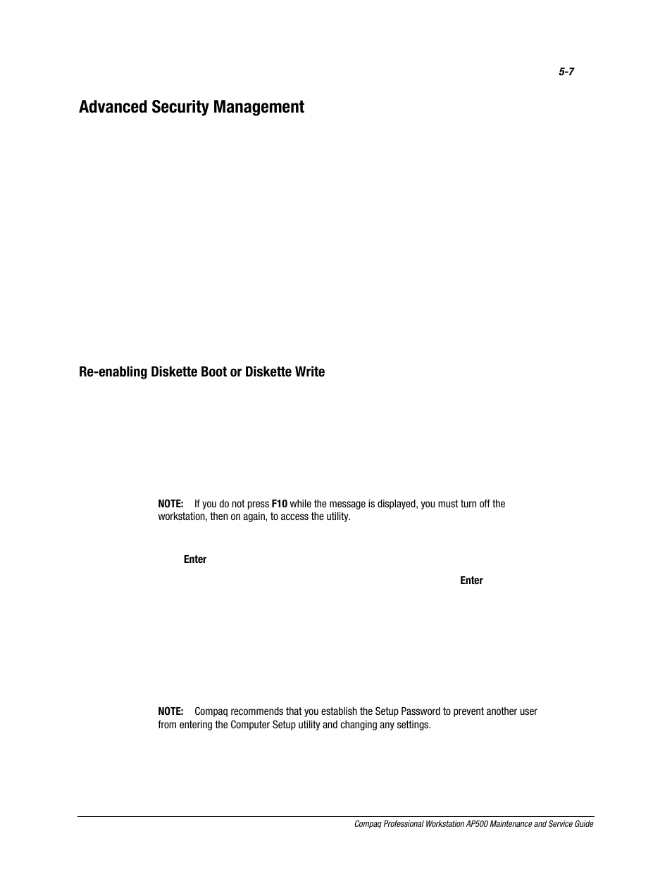 Advanced security management, Re-enabling diskette boot or diskette write | Compaq AP500 User Manual | Page 126 / 179