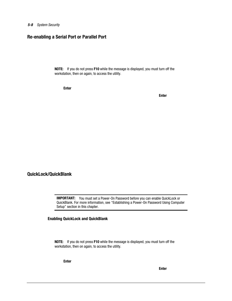 Re-enabling a serial port or parallel port, Quicklock/quickblank | Compaq AP500 User Manual | Page 127 / 179