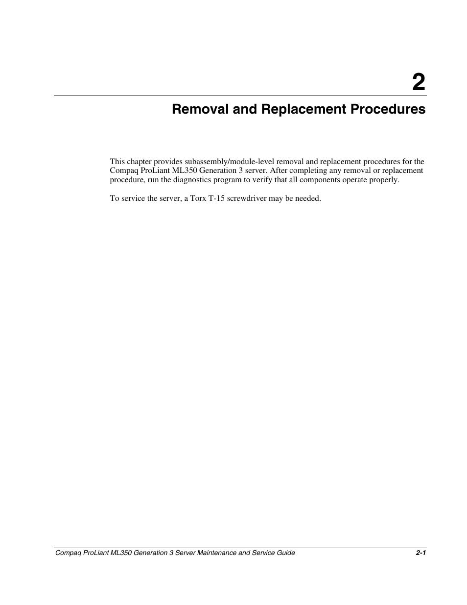 Chapter 2: removal and replacement procedures, Chapter 2, Removal and replacement procedures | Compaq PROLIANT ML350 User Manual | Page 15 / 89