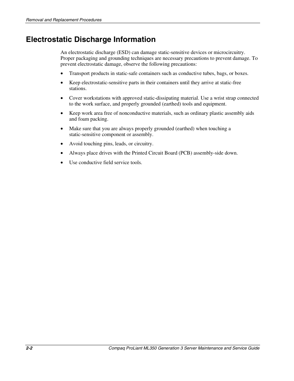 Electrostatic discharge information, Electrostatic discharge information -2 | Compaq PROLIANT ML350 User Manual | Page 16 / 89