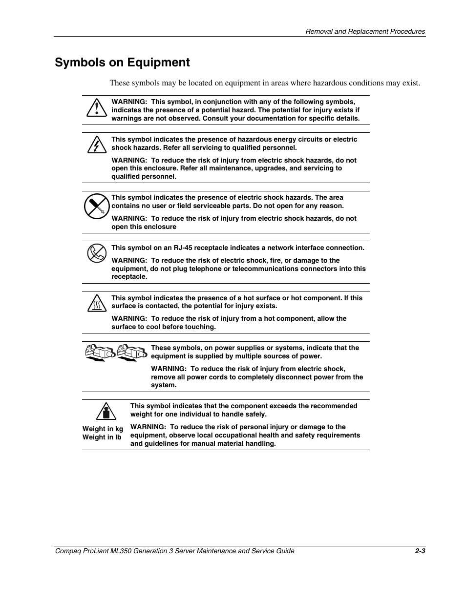 Symbols on equipment, Symbols on equipment -3 | Compaq PROLIANT ML350 User Manual | Page 17 / 89