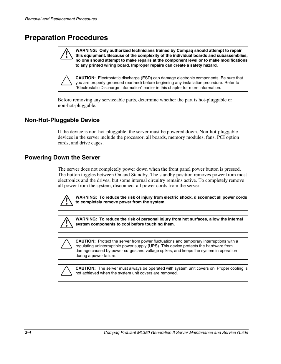 Preparation procedures, Non-hot-pluggable device, Powering down the server | Preparation procedures -4, Non-hot-pluggable device -4, Powering down the server -4 | Compaq PROLIANT ML350 User Manual | Page 18 / 89