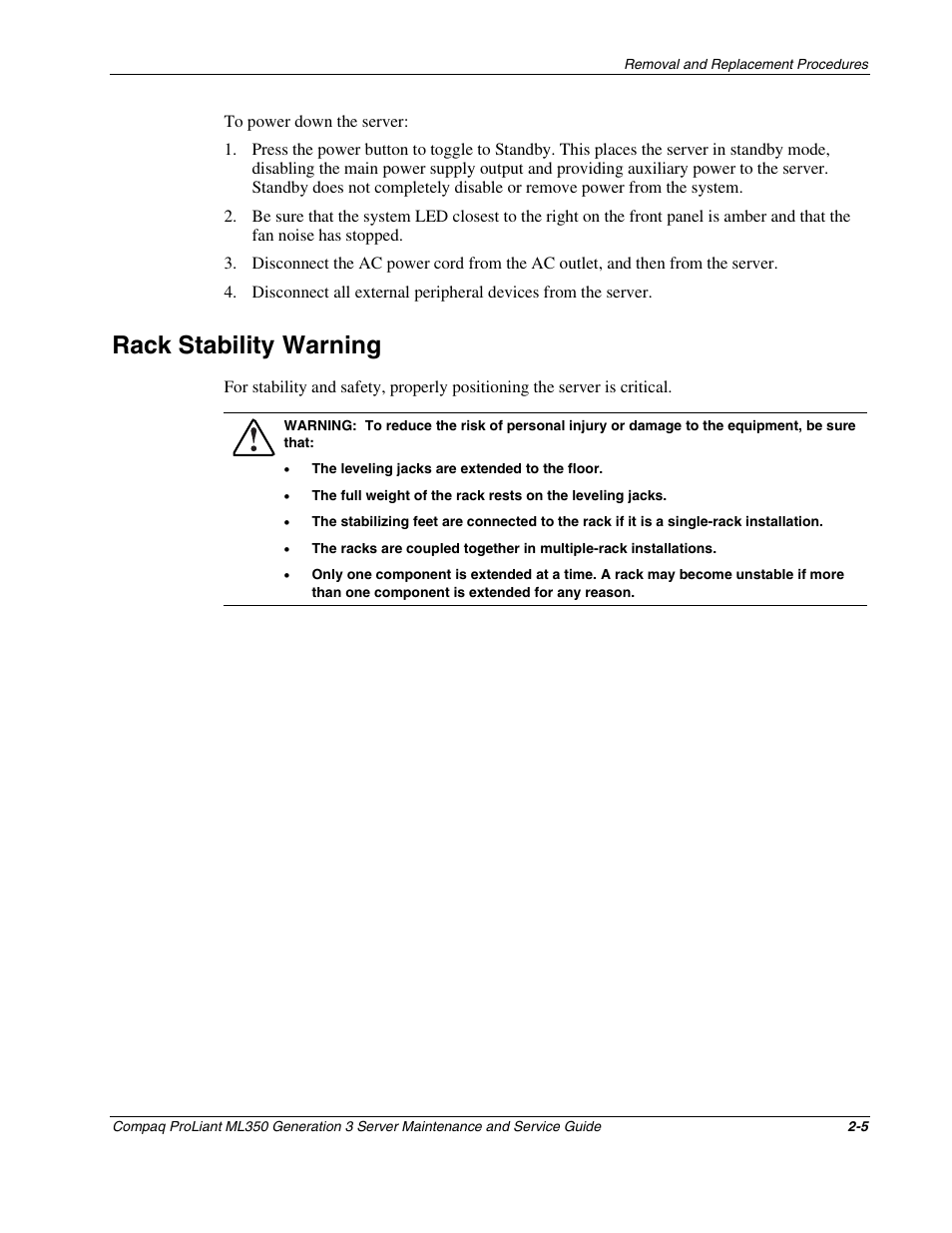 Rack stability warning, Rack stability warning -5 | Compaq PROLIANT ML350 User Manual | Page 19 / 89