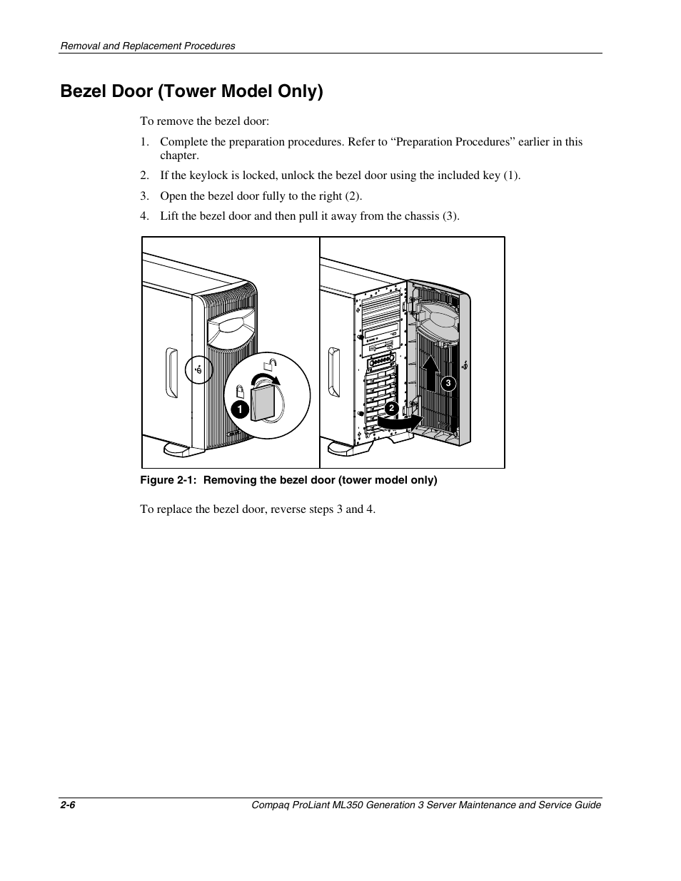 Bezel door (tower model only), Bezel door (tower model only) -6 | Compaq PROLIANT ML350 User Manual | Page 20 / 89