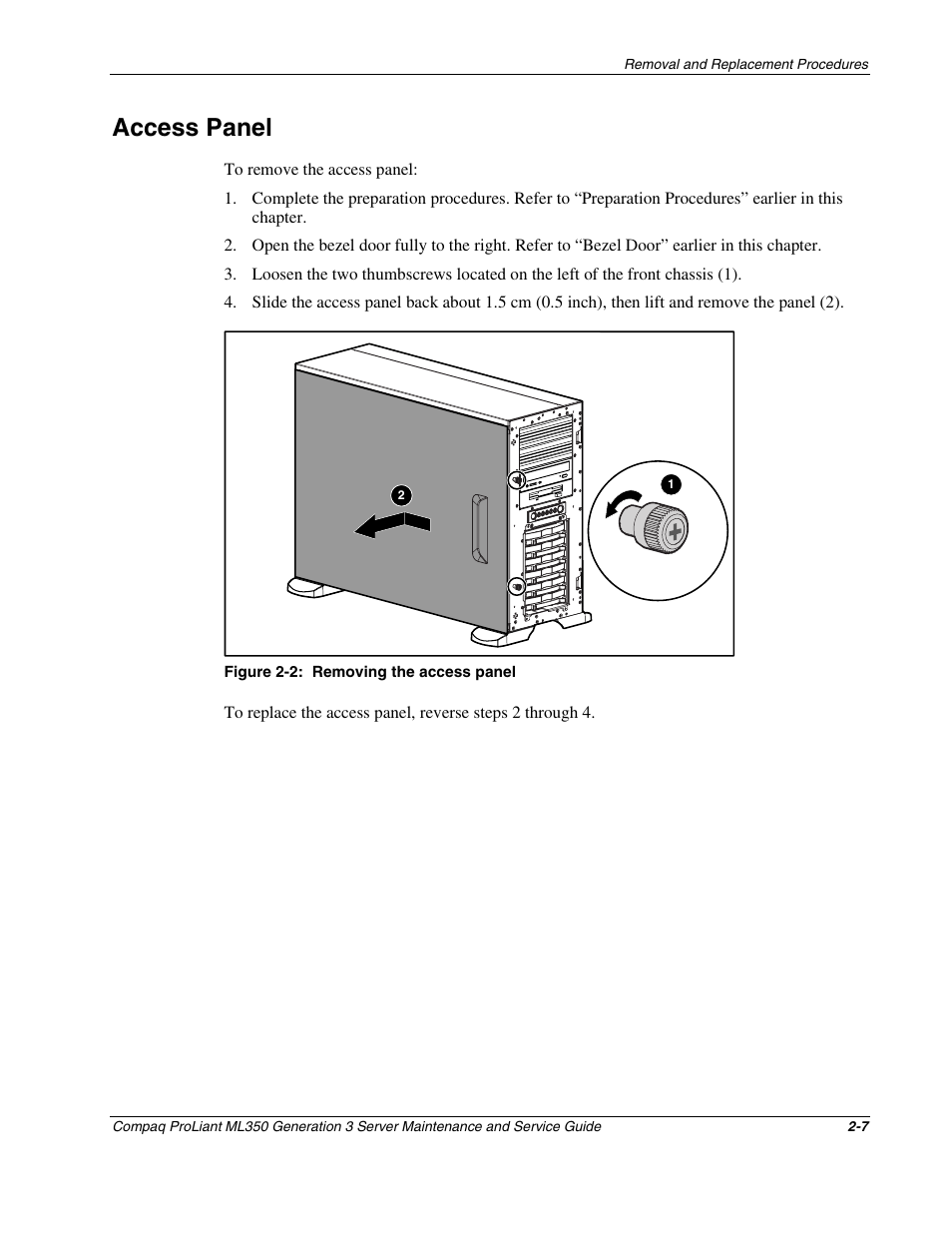 Access panel, Access panel -7 | Compaq PROLIANT ML350 User Manual | Page 21 / 89