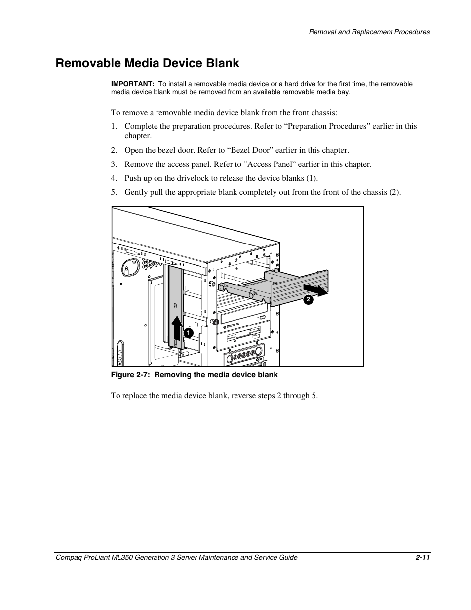 Removable media device blank, Removable media device blank -11 | Compaq PROLIANT ML350 User Manual | Page 25 / 89